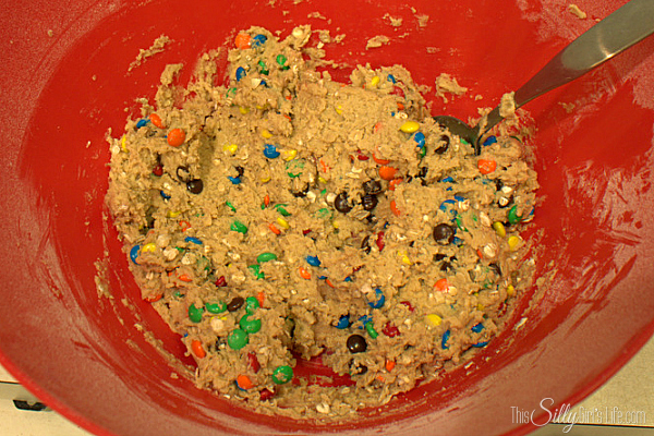 Mix in the m&ms and oats with a spoon so you don't break up the candies.