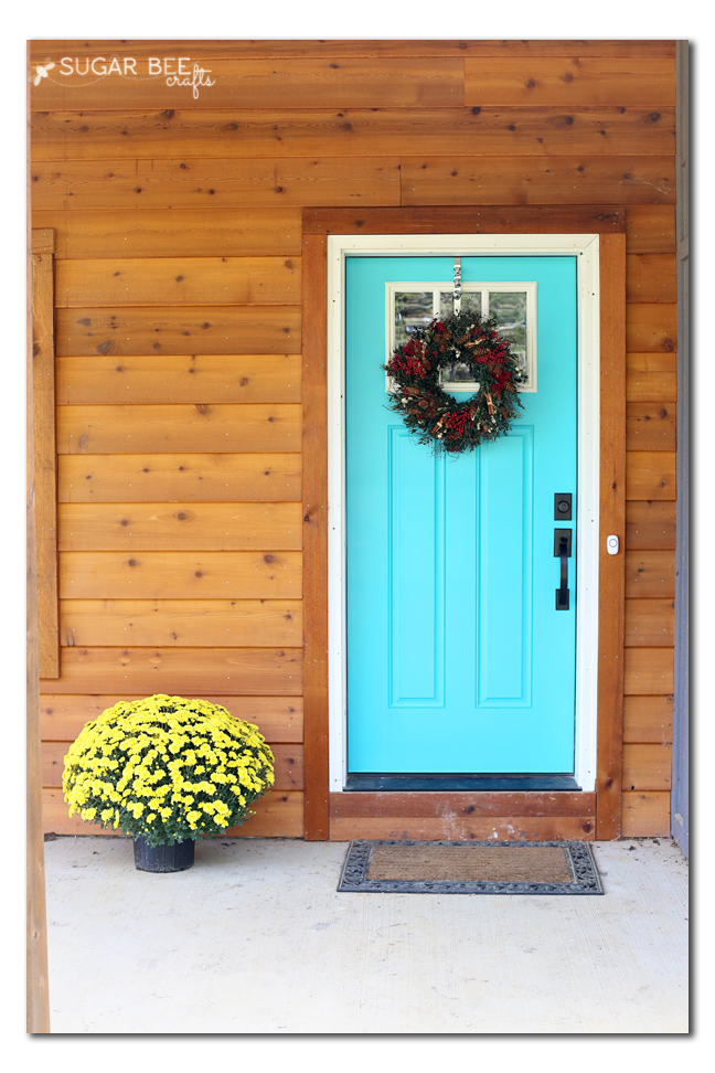 Caicos Turquoise front door with cedar siding