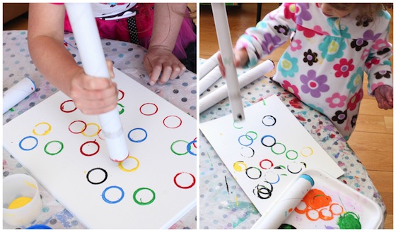Stamping-Olympic-rings-with-cardboard-rolls
